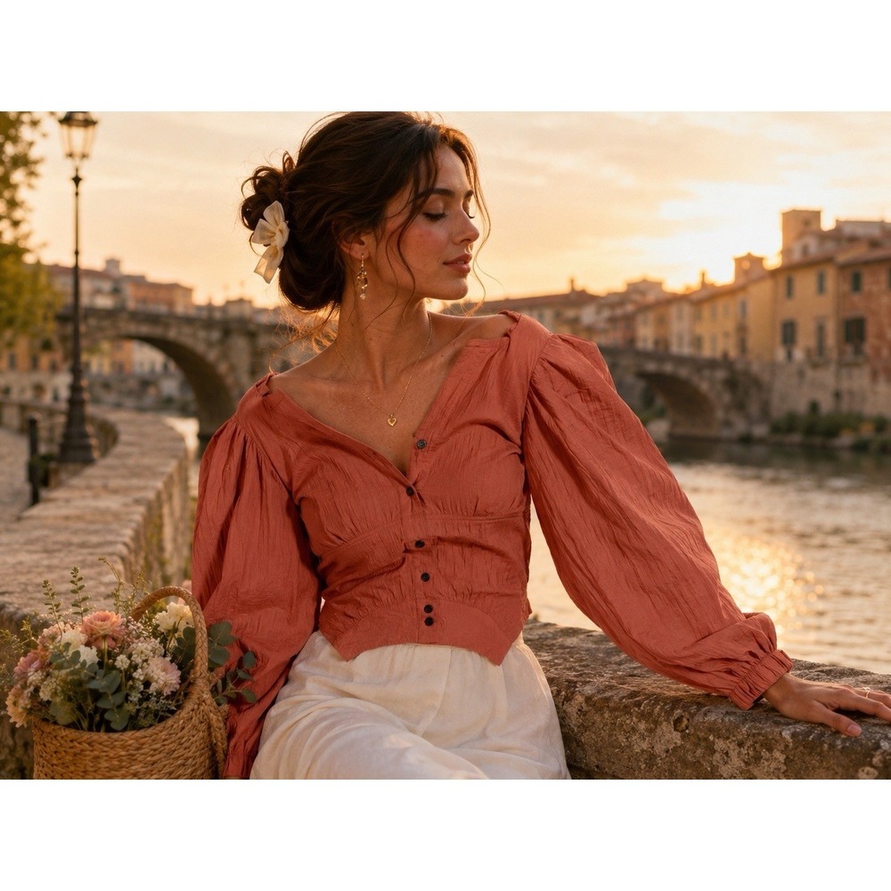 We The Free Free People Sea to Shore‎ Rustic Orange 3/4 Sleeve Womens S Blouse
